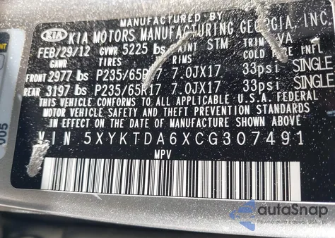 2012 Kia Sorento Lx from USA, damaged, VIN 5XYKTDA6XCG307491